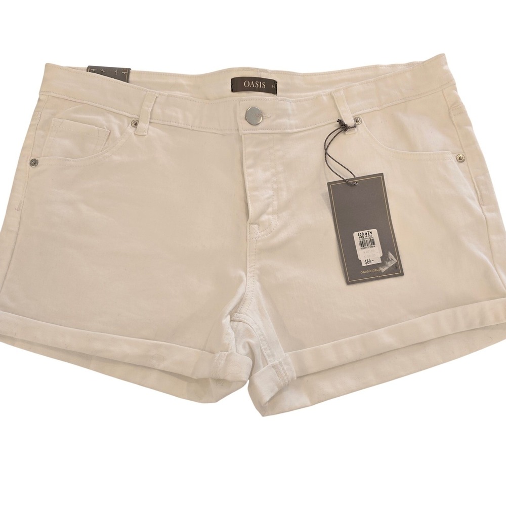 🆕️ -NWT Oasis Womens White Denim Cuffed Shorts Size US 12 Stretch Mid Rise
